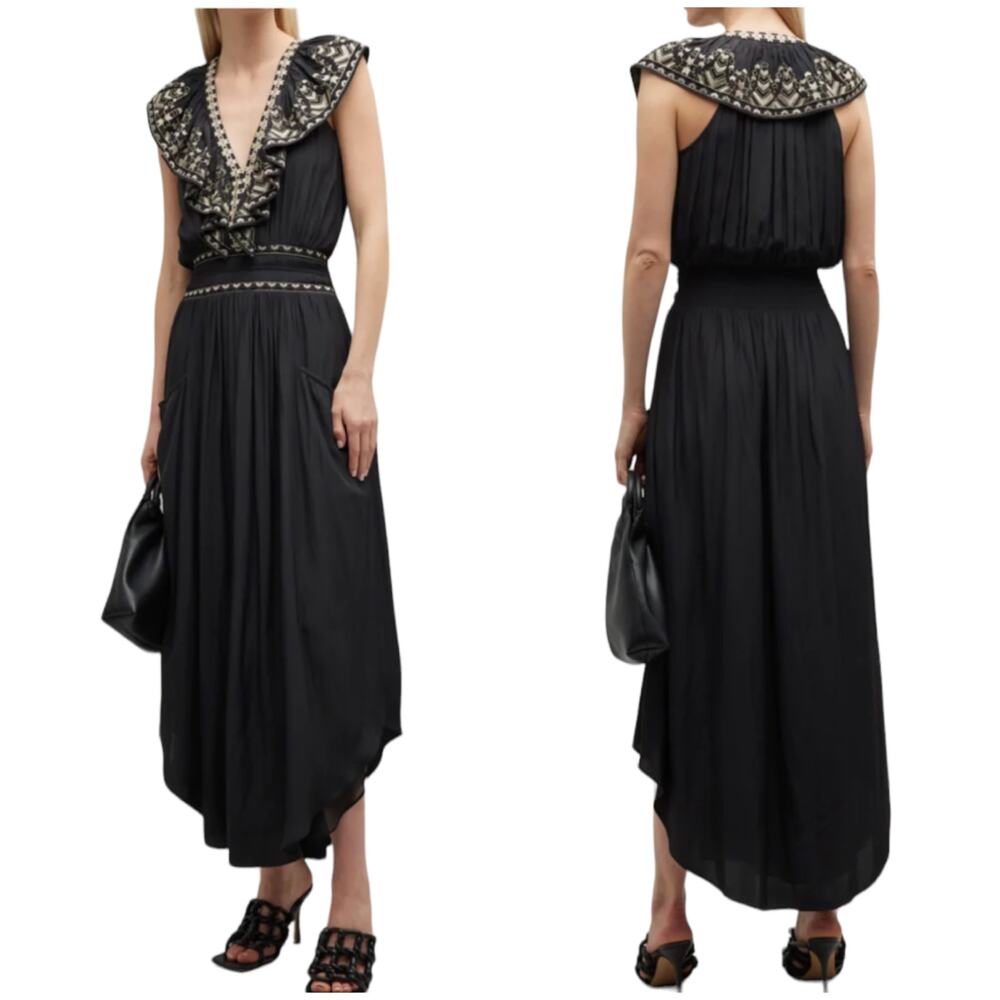 Ramy Brook NWT Camden Embroidered Maxi Dress Size M Black Gold Pockets Smocked